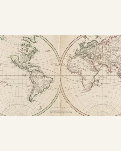 An engraved double-hemisphere world chart with later hand colour on aged laid paper. — the cartouche.