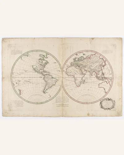 An engraved double-hemisphere world chart with later hand colour on aged laid paper.
