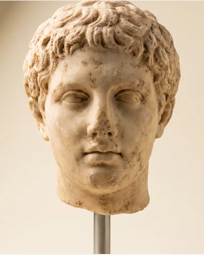 A weathered marble head of a youth on a steel display mount, photographed on a warm paper plate. — the hair.