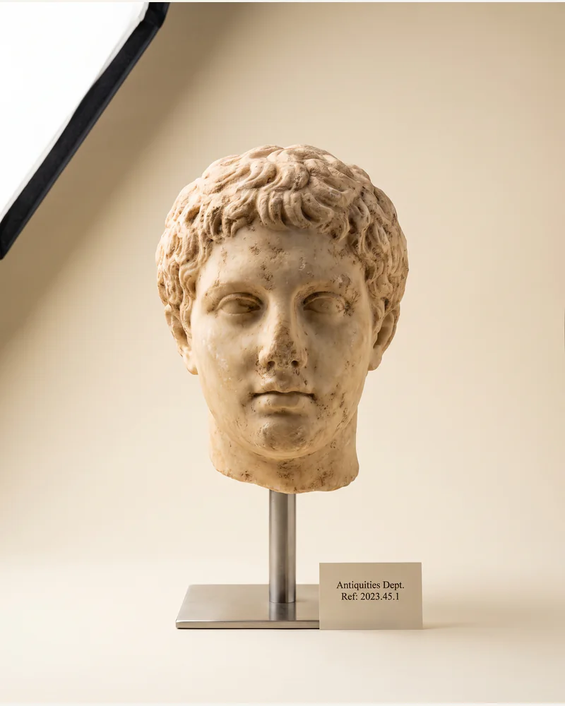 A weathered marble head of a youth on a steel display mount.