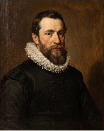 A half-length Old Master portrait of a gentleman in a black doublet with a white lace collar, in a black and gilt frame, photographed on a warm paper plate. — the collar.