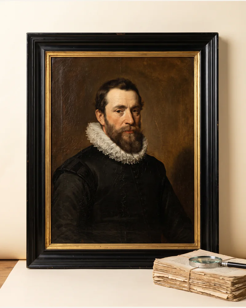 A darkened Old Master portrait in a black and gilt frame, photographed on a paper plate.