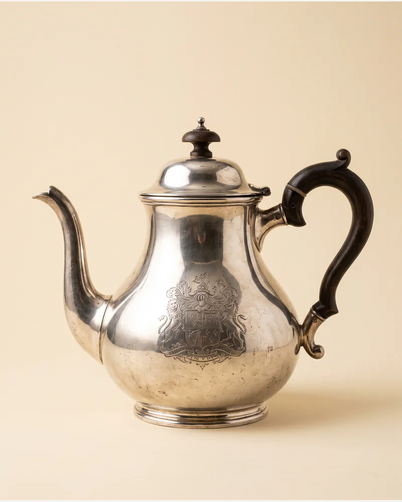 A Georgian sterling silver teapot with a fruitwood handle on a paper plate.