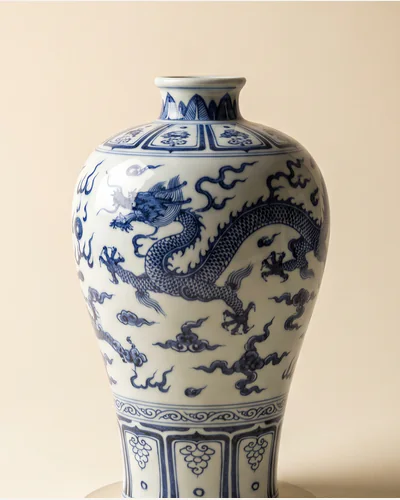 A Chinese blue and white porcelain baluster vase with cobalt dragon decoration, on a warm paper plate. — the dragon.