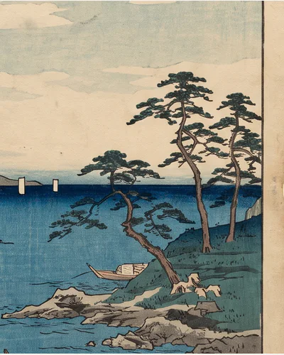 A Japanese ukiyo-e woodblock print of a coastal landscape in Prussian blue, laid flat on a mount board. — foxing.