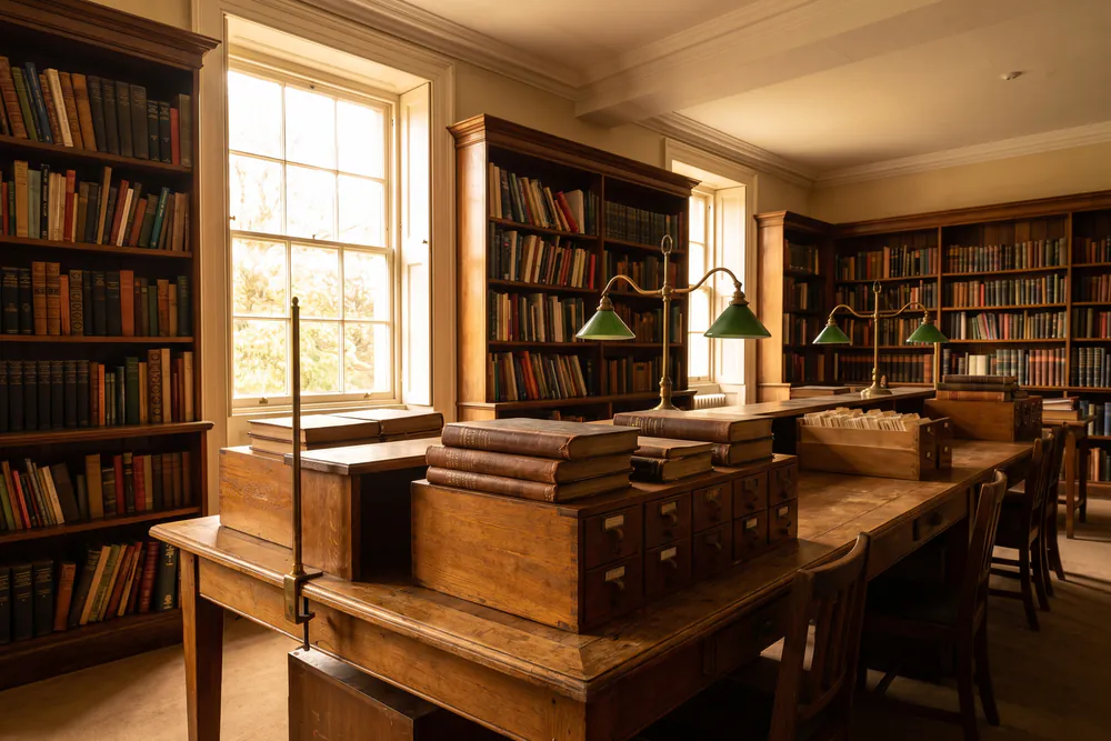 A cataloguing room with sale catalogues stacked on a long oak table beneath brass lamps.