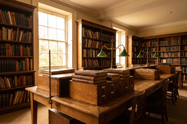 A cataloguing room with sale catalogues stacked on a long oak table.