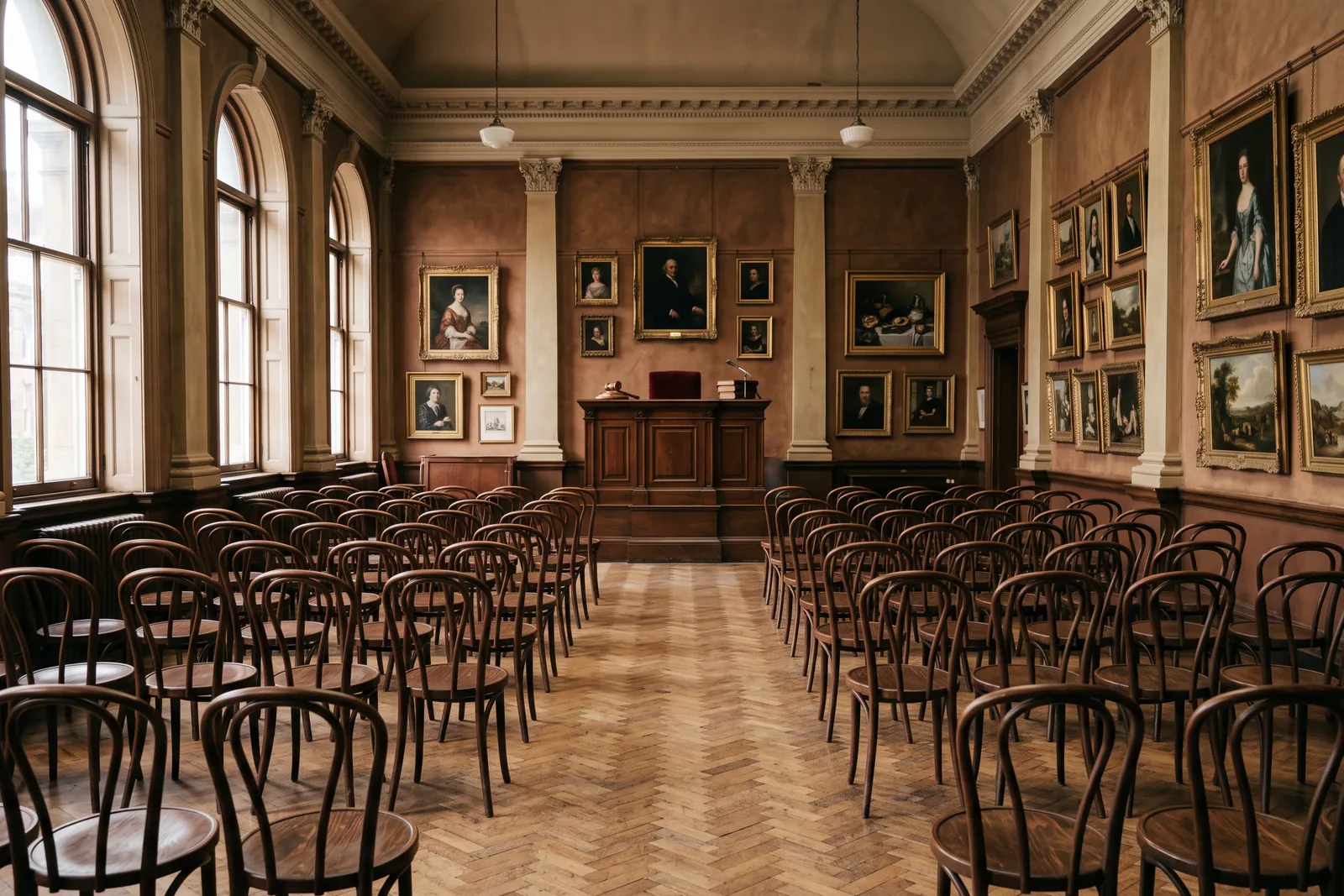 Rows of bentwood chairs on parquet facing a raised rostrum, paintings hung salon-style behind.