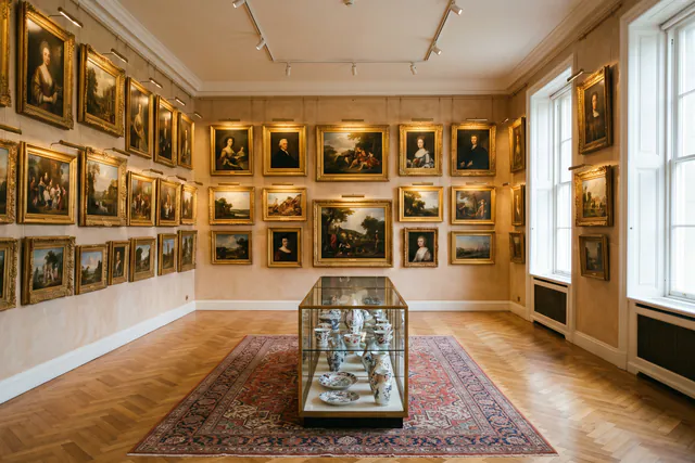 A viewing gallery with paintings hung salon-style and a vitrine of ceramics.